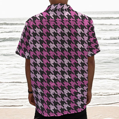Pink Houndstooth Pattern Print Textured Short Sleeve Shirt