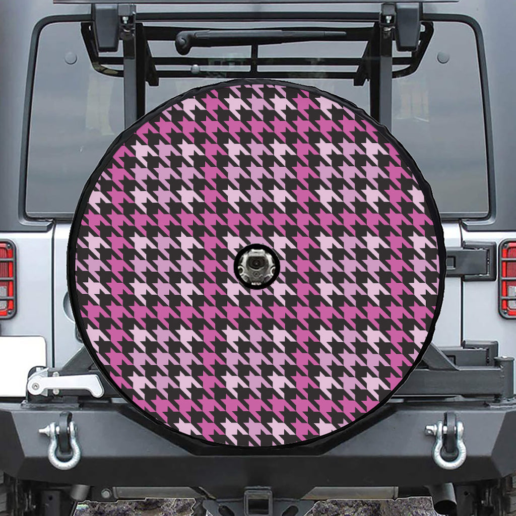 Pink Houndstooth Pattern Print Tire Cover With Camera Hole