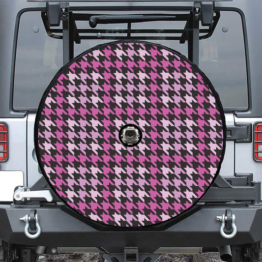 Pink Houndstooth Pattern Print Tire Cover With Camera Hole