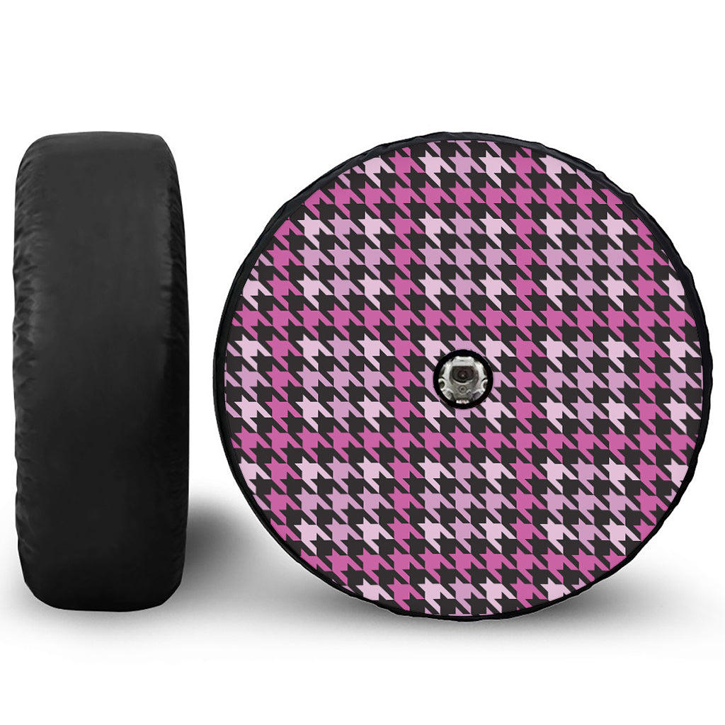 Pink Houndstooth Pattern Print Tire Cover With Camera Hole