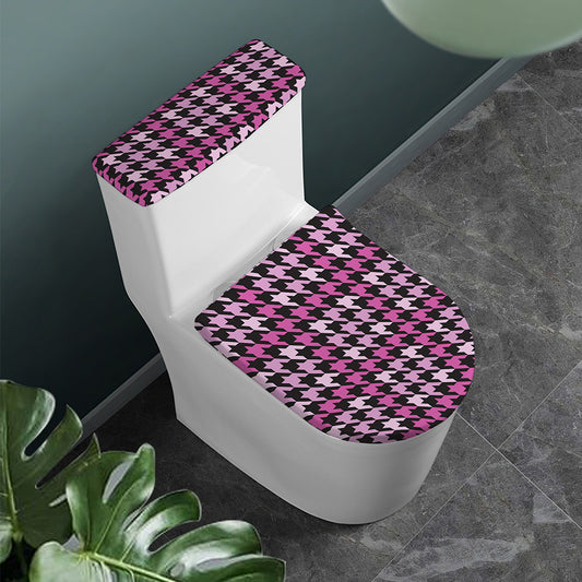 Pink Houndstooth Pattern Print Toilet Lid And Tank Cover Set