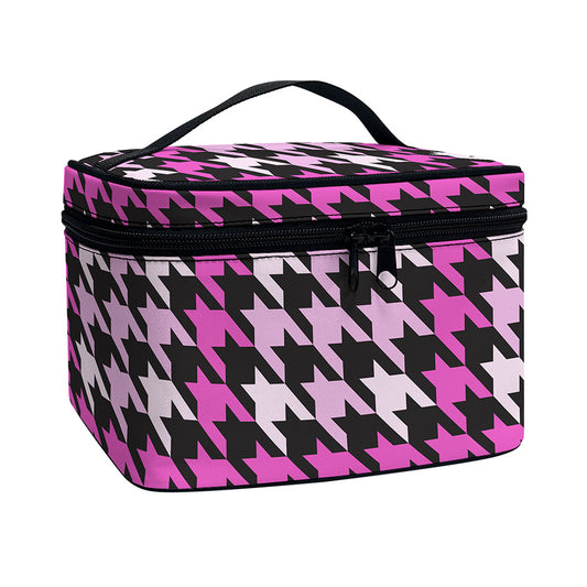 Pink Houndstooth Pattern Print Travel Makeup Bag