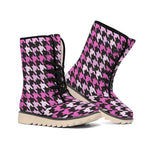 Pink Houndstooth Pattern Print Winter Boots