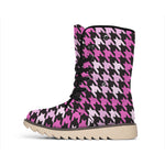 Pink Houndstooth Pattern Print Winter Boots