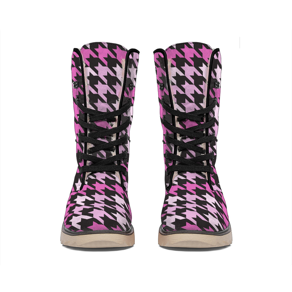 Pink Houndstooth Pattern Print Winter Boots