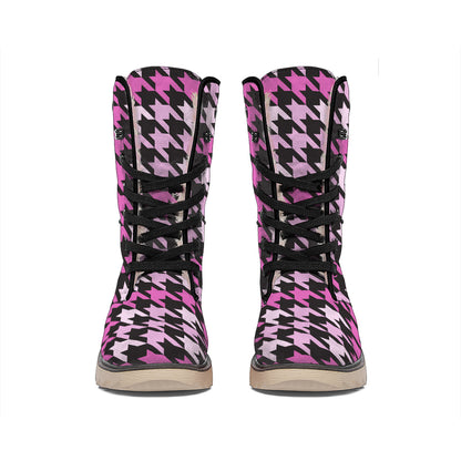 Pink Houndstooth Pattern Print Winter Boots