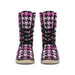 Pink Houndstooth Pattern Print Winter Boots