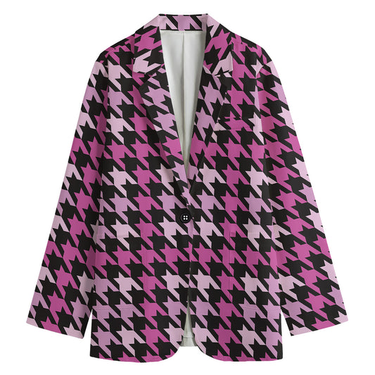 Pink Houndstooth Pattern Print Women's Blazer