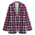 Pink Houndstooth Pattern Print Women's Cotton Blazer