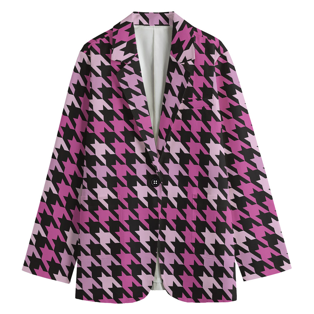 Pink Houndstooth Pattern Print Women's Cotton Blazer