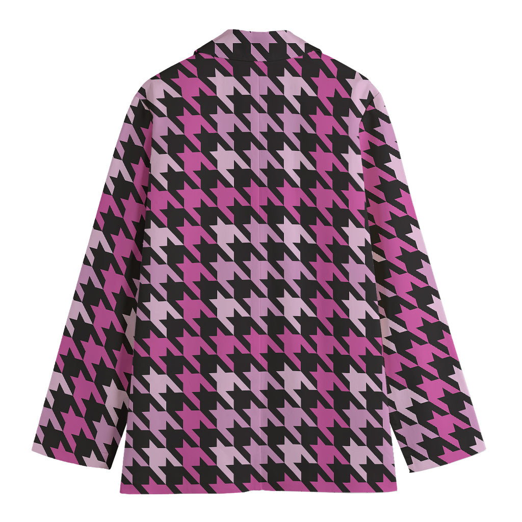 Pink Houndstooth Pattern Print Women's Cotton Blazer