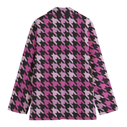 Pink Houndstooth Pattern Print Women's Cotton Blazer