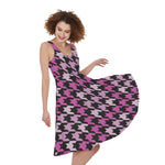 Pink Houndstooth Pattern Print Women's Sleeveless Dress