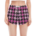 Pink Houndstooth Pattern Print Women's Split Running Shorts