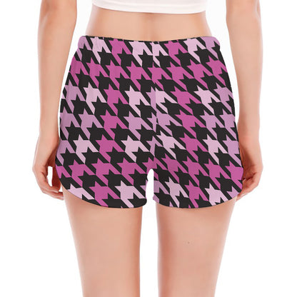 Pink Houndstooth Pattern Print Women's Split Running Shorts
