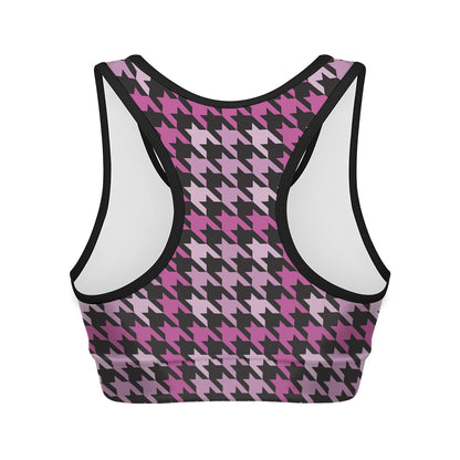 Pink Houndstooth Pattern Print Women's Sports Bra