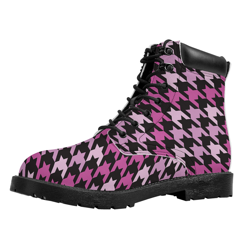 Pink Houndstooth Pattern Print Work Boots