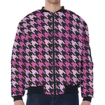 Pink Houndstooth Pattern Print Zip Sleeve Bomber Jacket