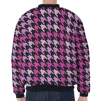 Pink Houndstooth Pattern Print Zip Sleeve Bomber Jacket