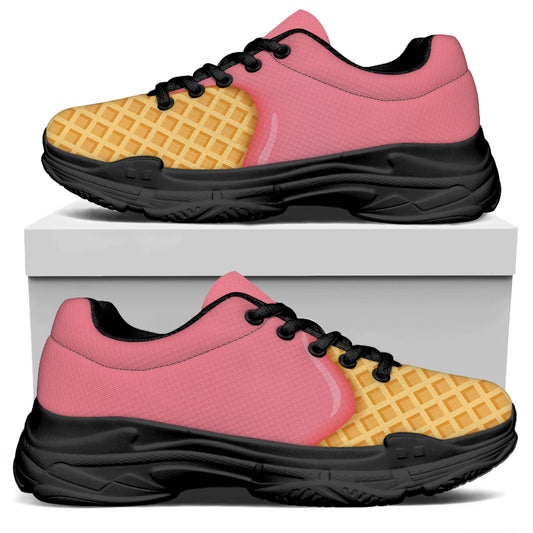 Pink Ice Cream Melted Print Black Chunky Shoes