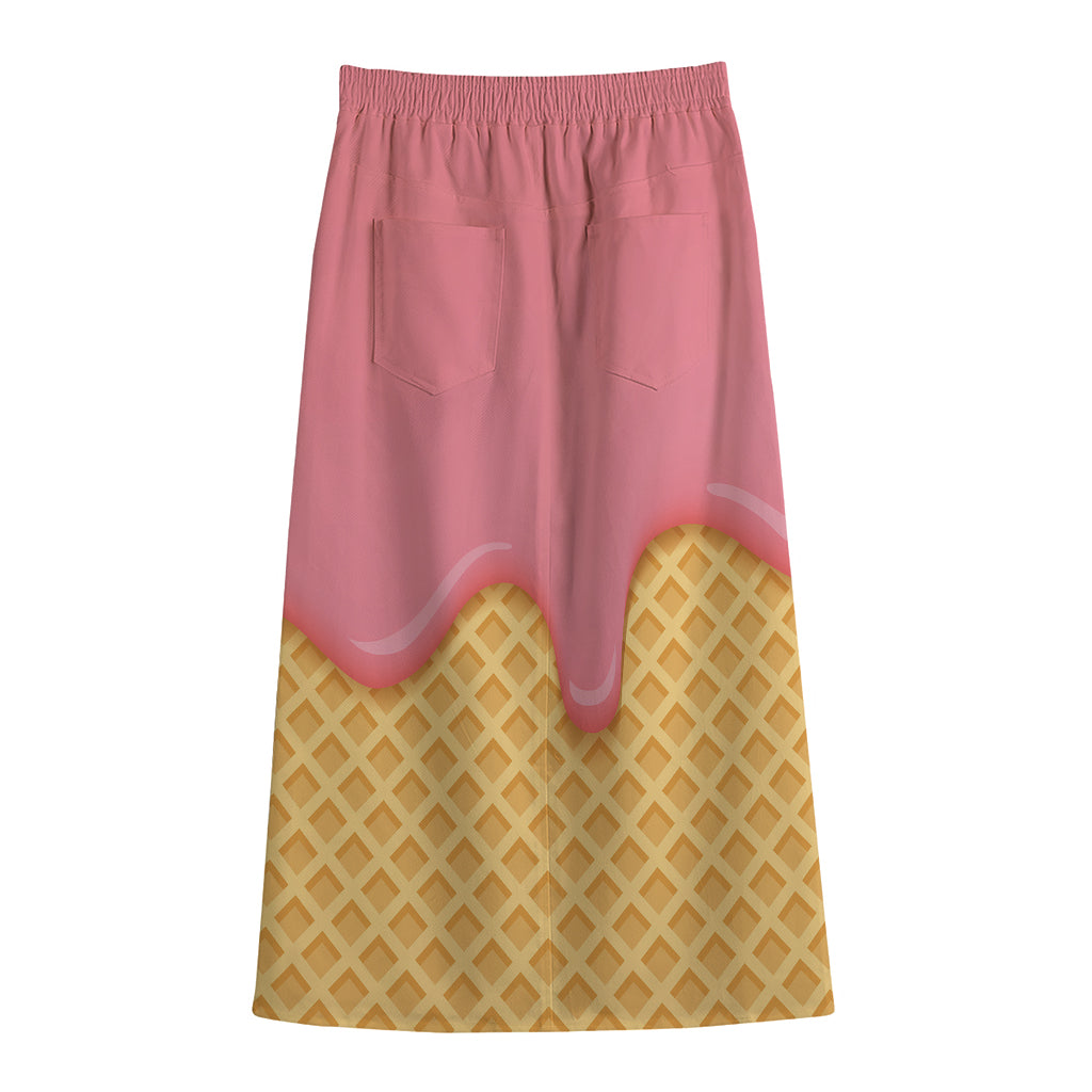 Pink Ice Cream Melted Print Cotton Front Slit Maxi Skirt