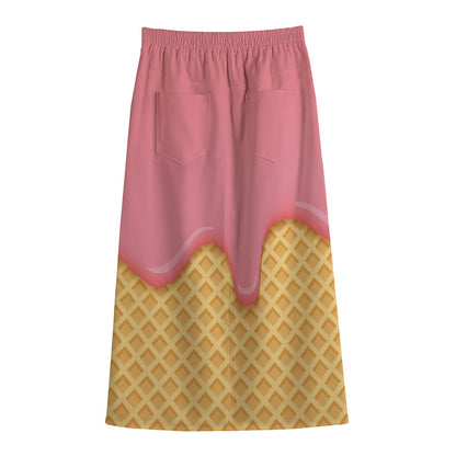 Pink Ice Cream Melted Print Cotton Front Slit Maxi Skirt