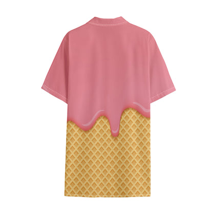 Pink Ice Cream Melted Print Cotton Hawaiian Shirt