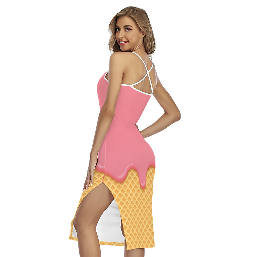 Pink Ice Cream Melted Print Cross Back Cami Dress