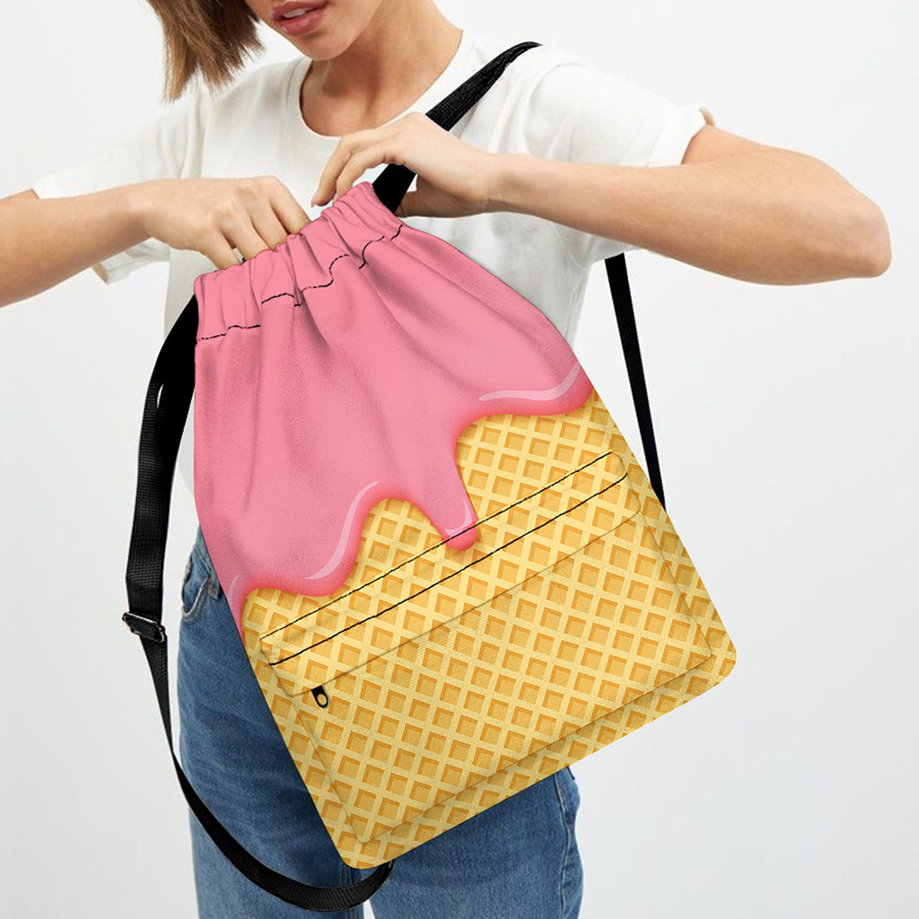 Pink Ice Cream Melted Print Drawstring Backpack