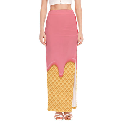 Pink Ice Cream Melted Print High Slit Maxi Skirt