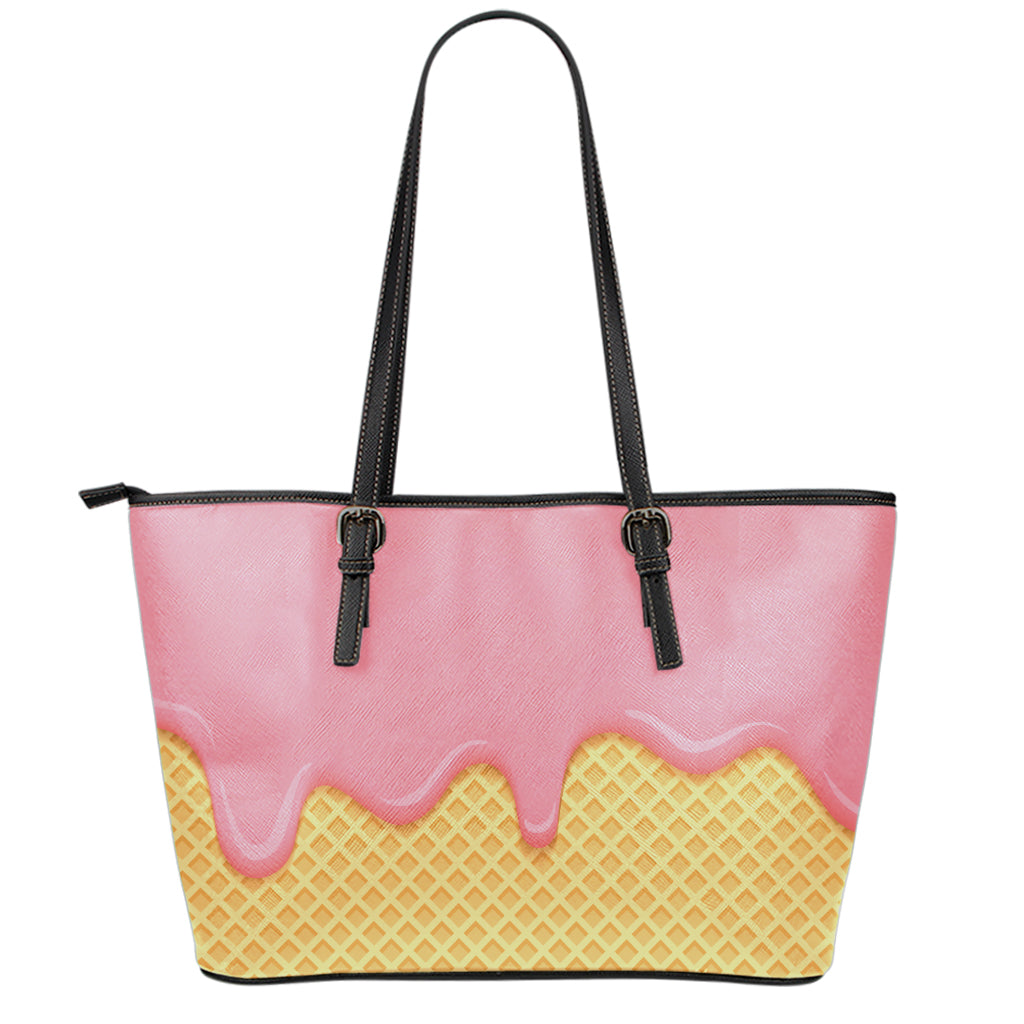 Pink Ice Cream Melted Print Leather Tote Bag