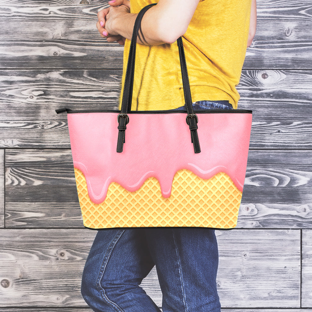 Pink Ice Cream Melted Print Leather Tote Bag