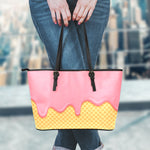 Pink Ice Cream Melted Print Leather Tote Bag