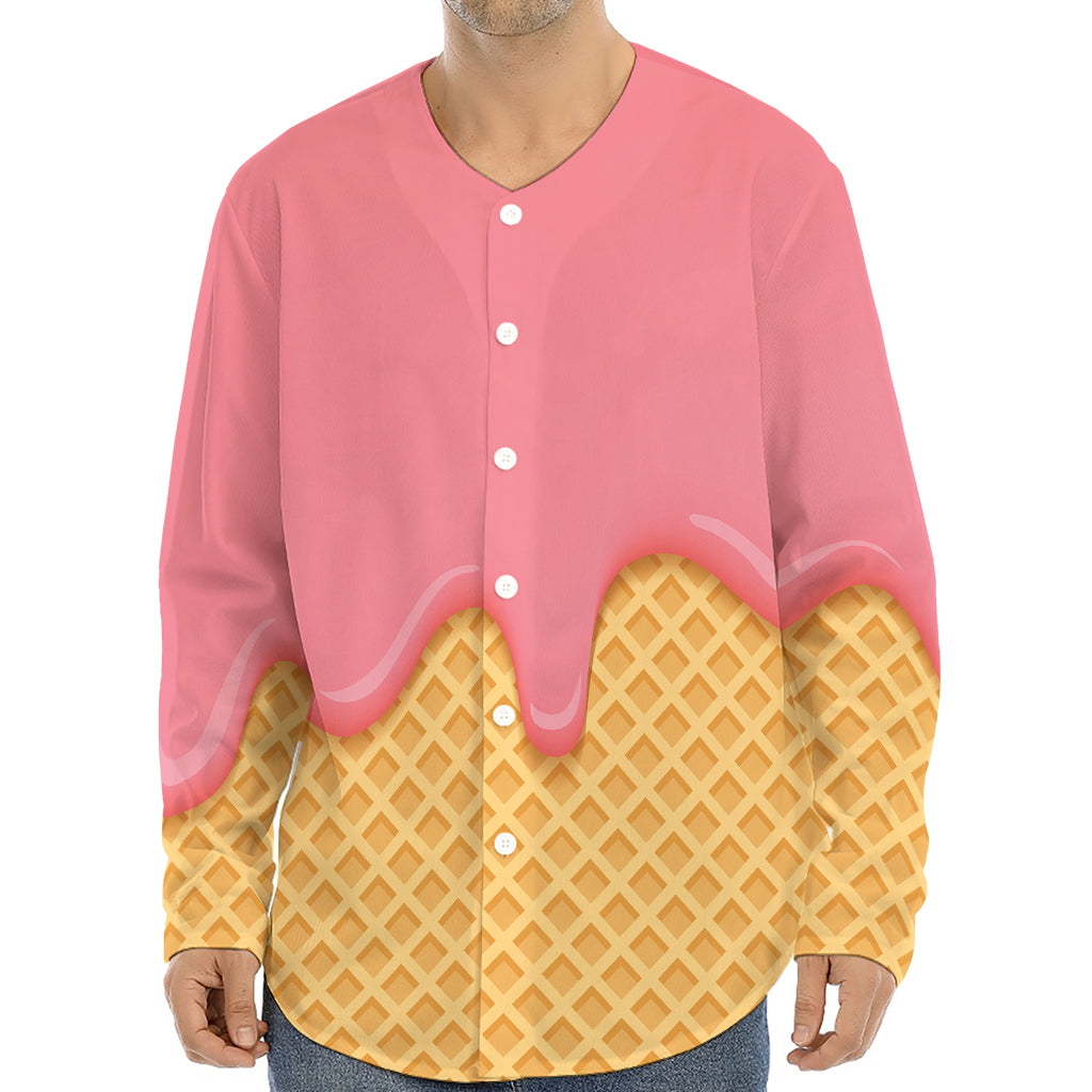 Pink Ice Cream Melted Print Long Sleeve Baseball Jersey