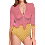 Pink Ice Cream Melted Print Long Sleeve Swimsuit