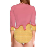 Pink Ice Cream Melted Print Long Sleeve Swimsuit