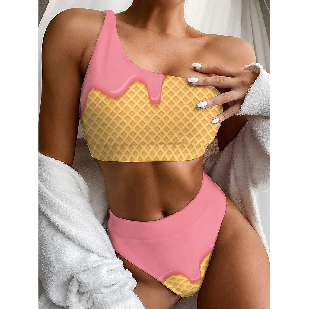 Pink Ice Cream Melted Print One Shoulder Bikini Top