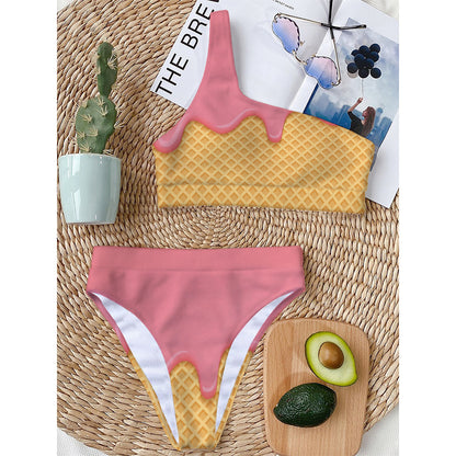 Pink Ice Cream Melted Print One Shoulder Bikini Top