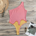 Pink Ice Cream Melted Print One Shoulder Bodysuit