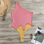 Pink Ice Cream Melted Print One Shoulder Bodysuit