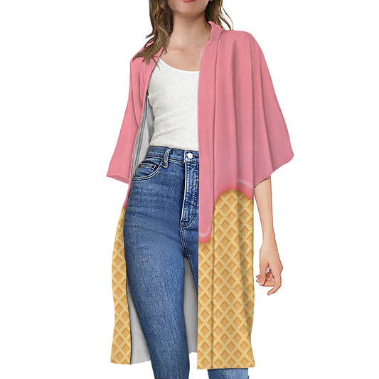 Pink Ice Cream Melted Print Open Front Beach Cover Up