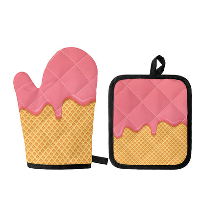 Pink Ice Cream Melted Print Oven Mitt And Pot Holder Set