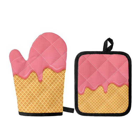 Pink Ice Cream Melted Print Oven Mitt And Pot Holder Set