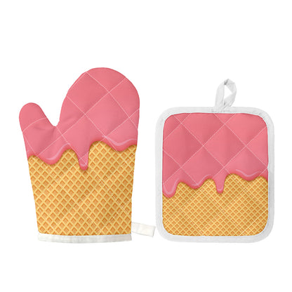 Pink Ice Cream Melted Print Oven Mitt And Pot Holder Set
