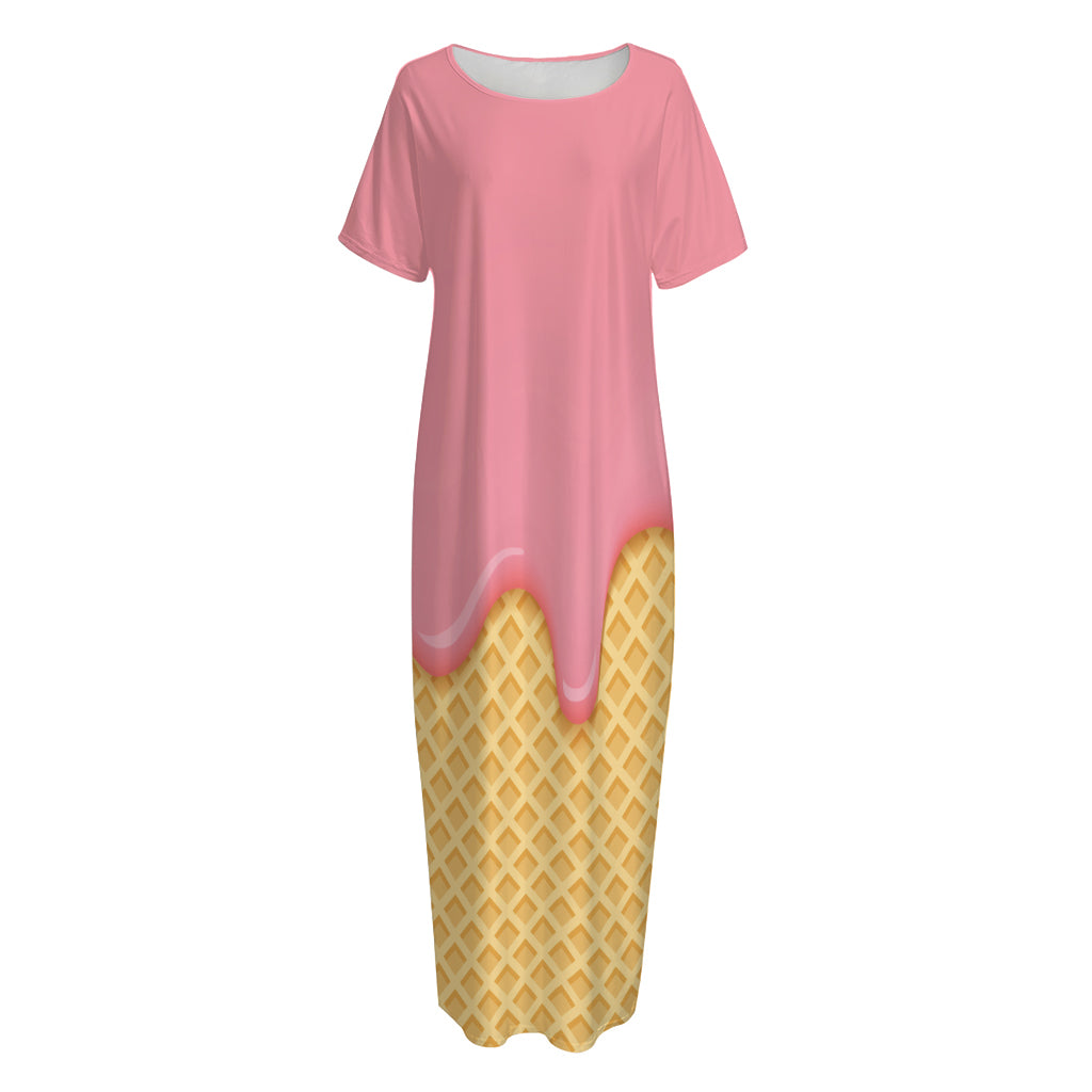 Pink Ice Cream Melted Print Short Sleeve Long Nightdress