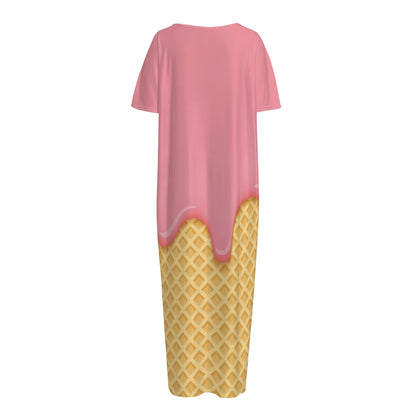 Pink Ice Cream Melted Print Short Sleeve Long Nightdress