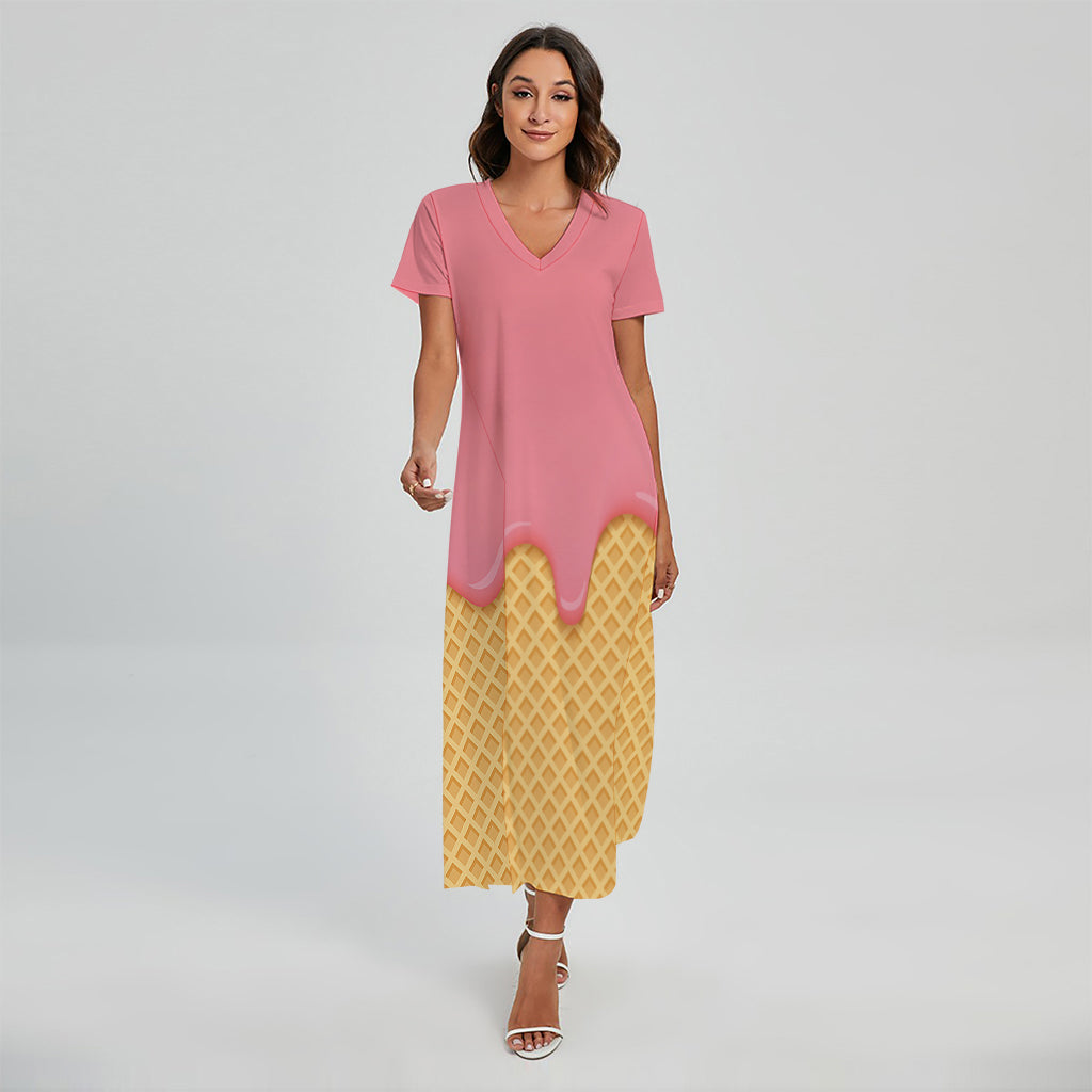 Pink Ice Cream Melted Print Short Sleeve Maxi Dress