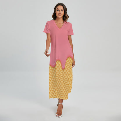 Pink Ice Cream Melted Print Short Sleeve Maxi Dress