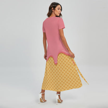 Pink Ice Cream Melted Print Short Sleeve Maxi Dress