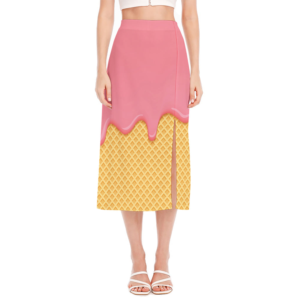 Pink Ice Cream Melted Print Side Slit Midi Skirt